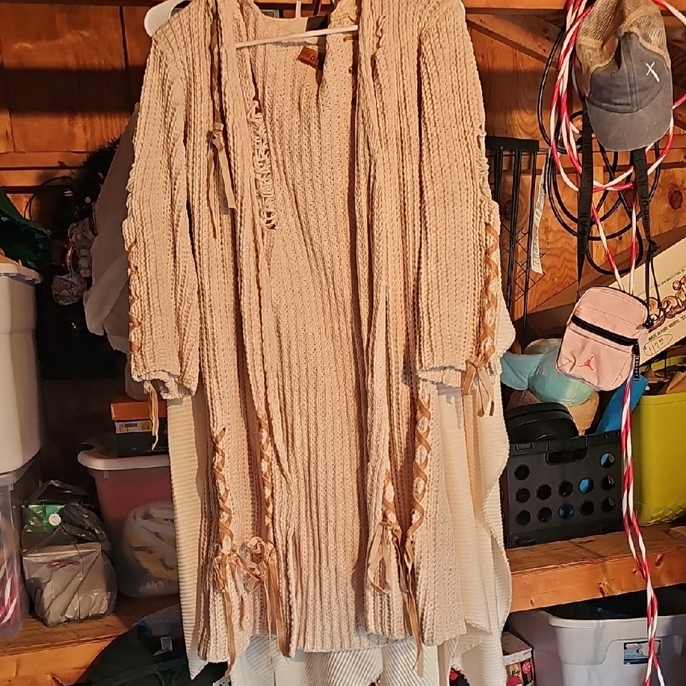 Beige Knit Cardigan with Fringe Details